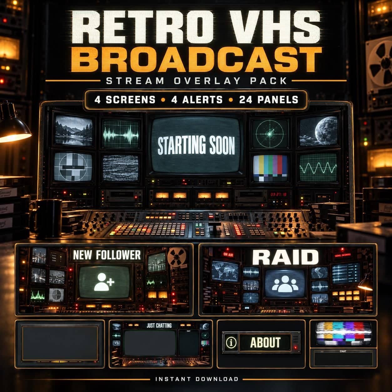 Retro VHS Broadcast Animated Twitch Overlay Pack