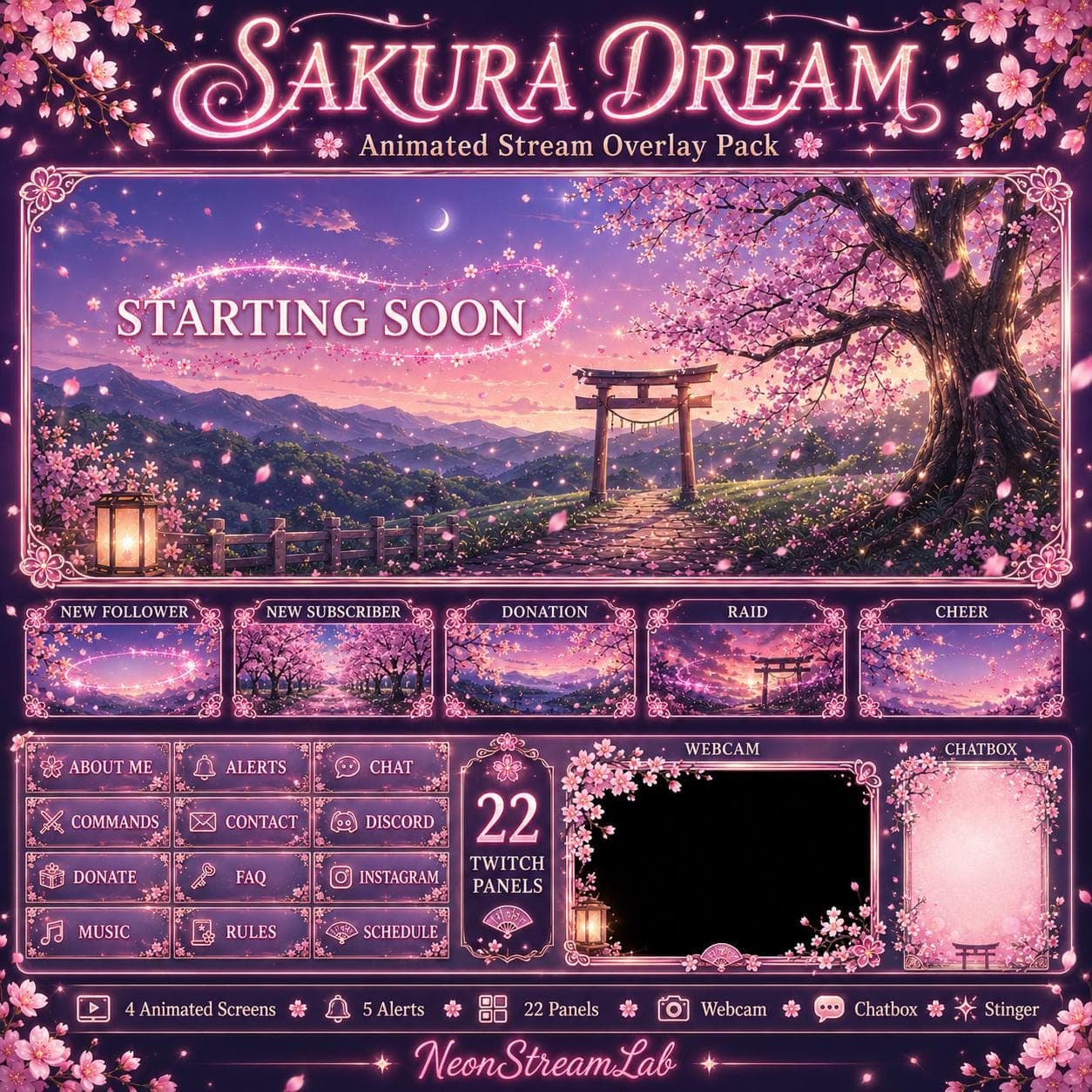 Sakura Stream Overlay Pack: Pink Cherry Blossom, Animated Kawaii Theme