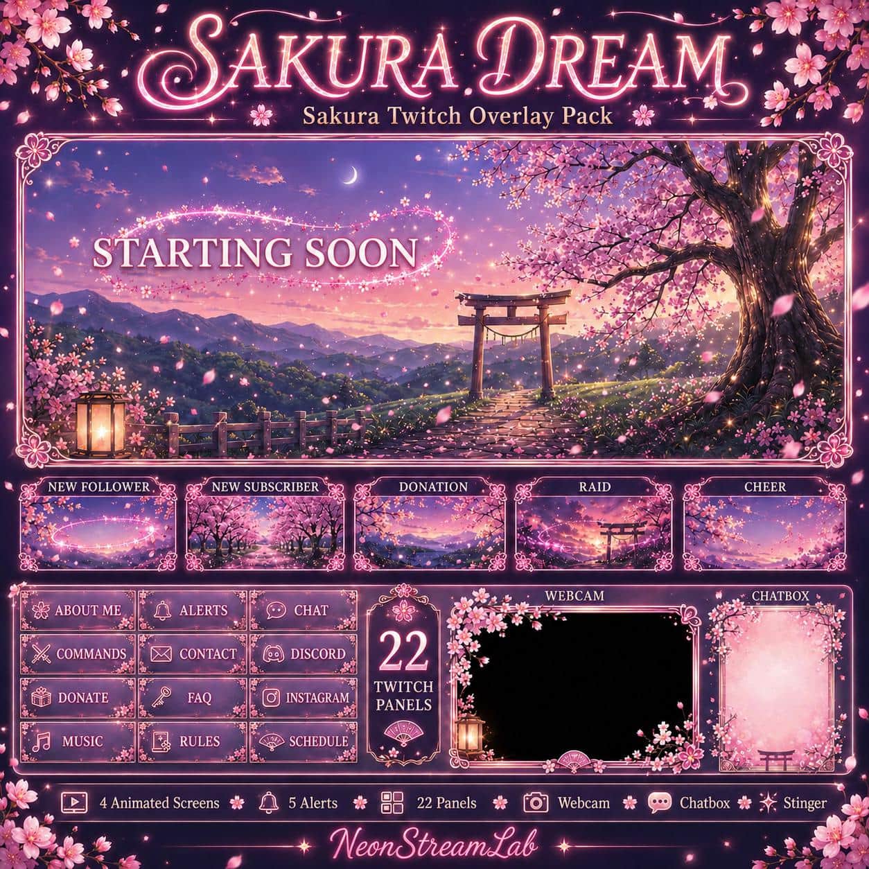 Sakura Twitch Overlay Pack | Japanese Cherry Blossom Stream Screens Alerts Panels for Youtube Kick