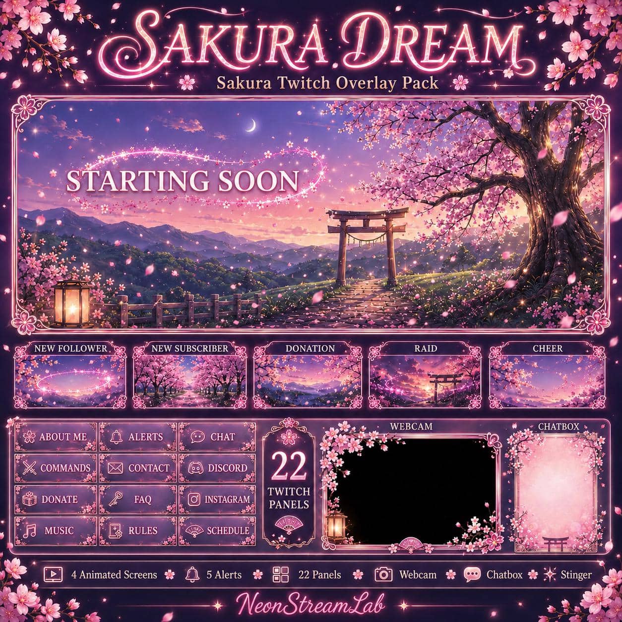 Sakura Twitch Overlay Pack | Japanese Cherry Blossom Stream Screens Alerts Panels for Youtube Kick