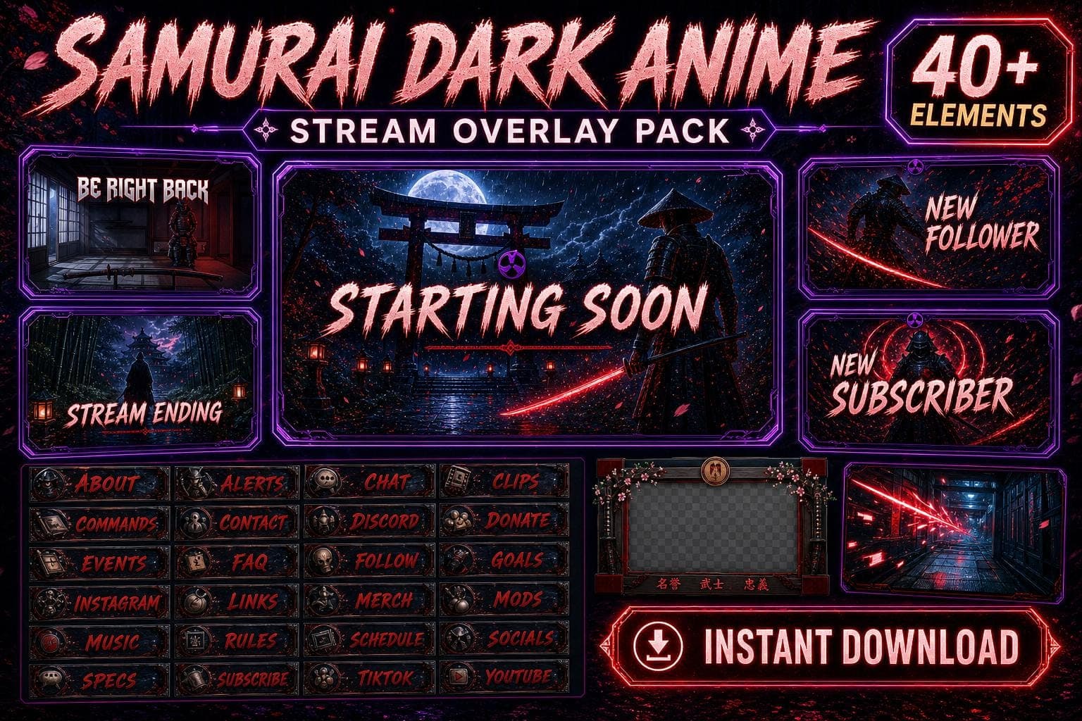 Samurai Dark Anime Stream Overlay Twitch YouTube | Animated Japanese Screens Alerts Panels Webcam