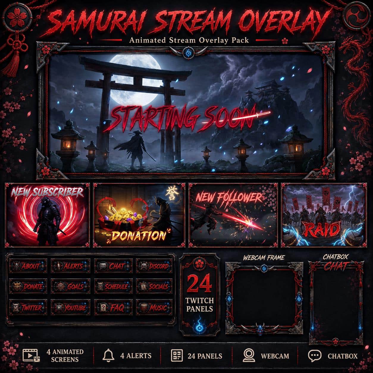 Samurai Stream Overlay Pack | Dark Anime Japanese Twitch Screens Alerts Panels Webcam