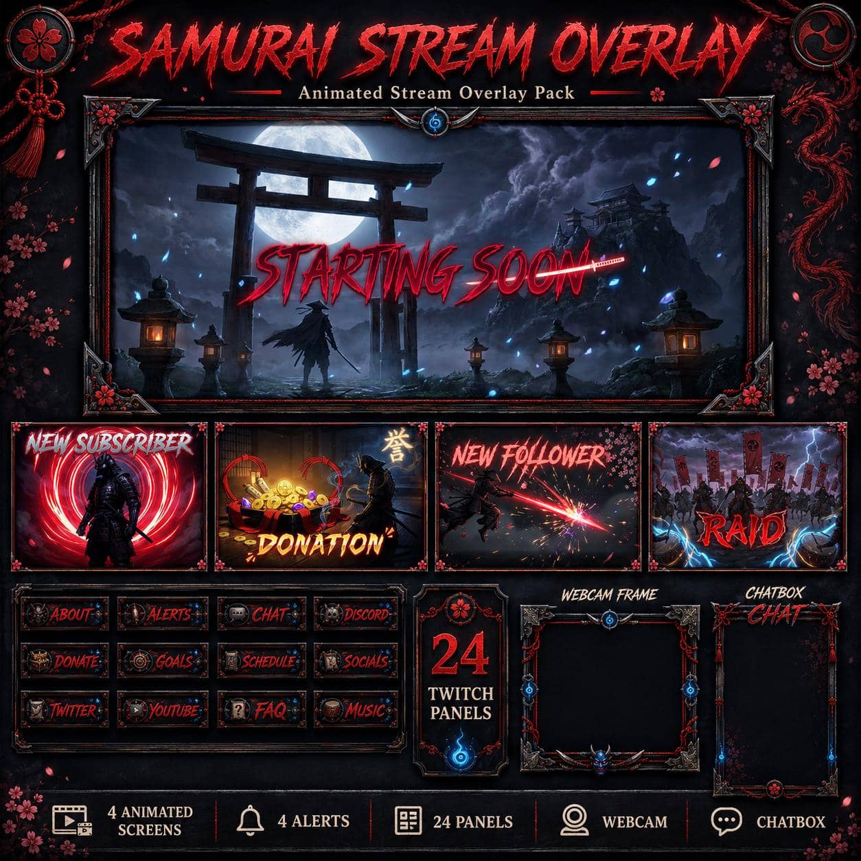 Samurai Stream Overlay Pack | Dark Anime Japanese Twitch Screens Alerts Panels Webcam