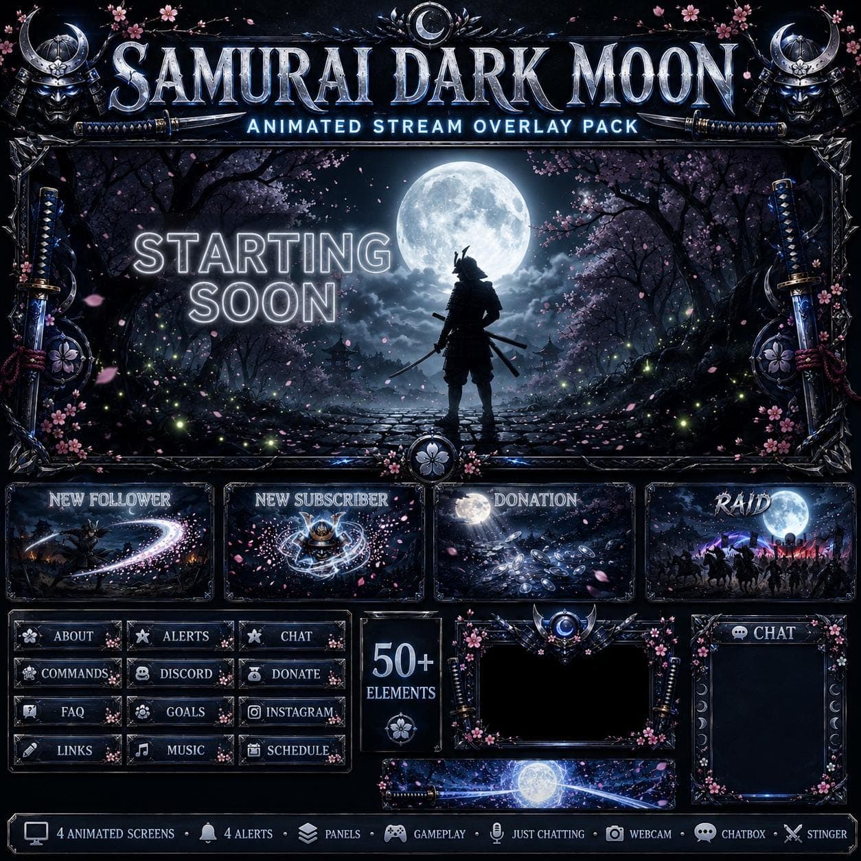 Samurai Dark Moon Stream Overlay Pack | Animated Japanese Ninja Twitch YouTube Screens Alerts Panels