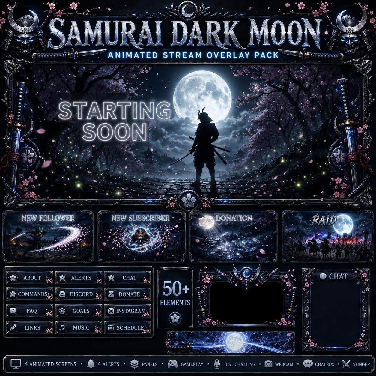 Samurai Twitch Overlay Pack | Animated Dark Moon Japanese Ninja Screens Alerts Panels