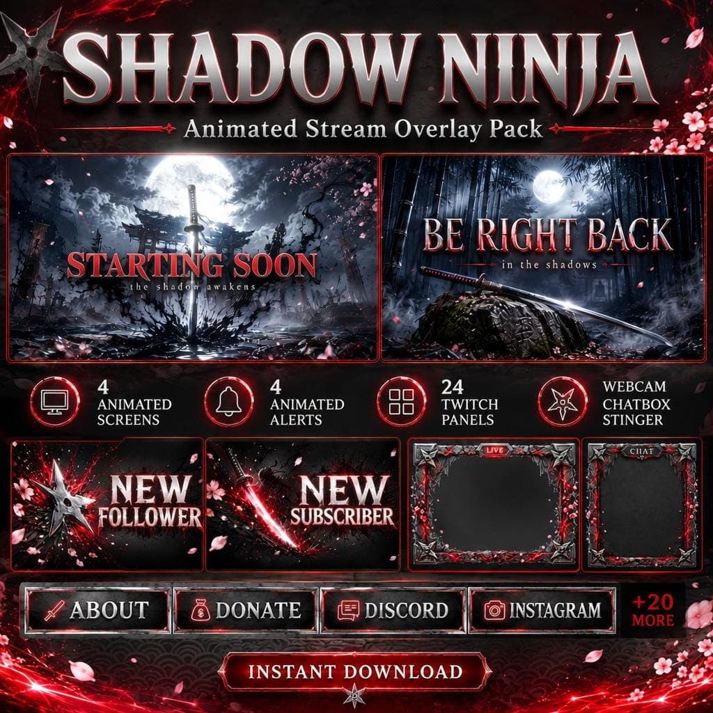 Shadow Ninja Stream Overlay Pack Animated Twitch YouTube Kick Alerts Panels Webcam