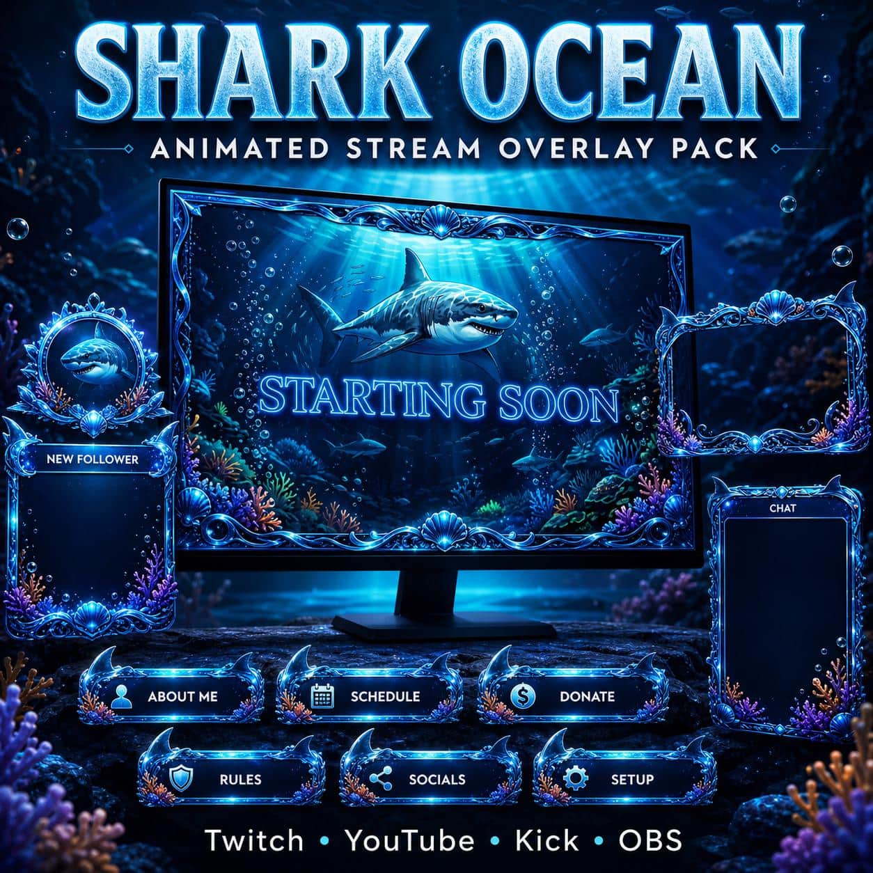 Shark Twitch Overlay Pack | Animated Ocean Stream Screens Alerts Panels Webcam Stinger