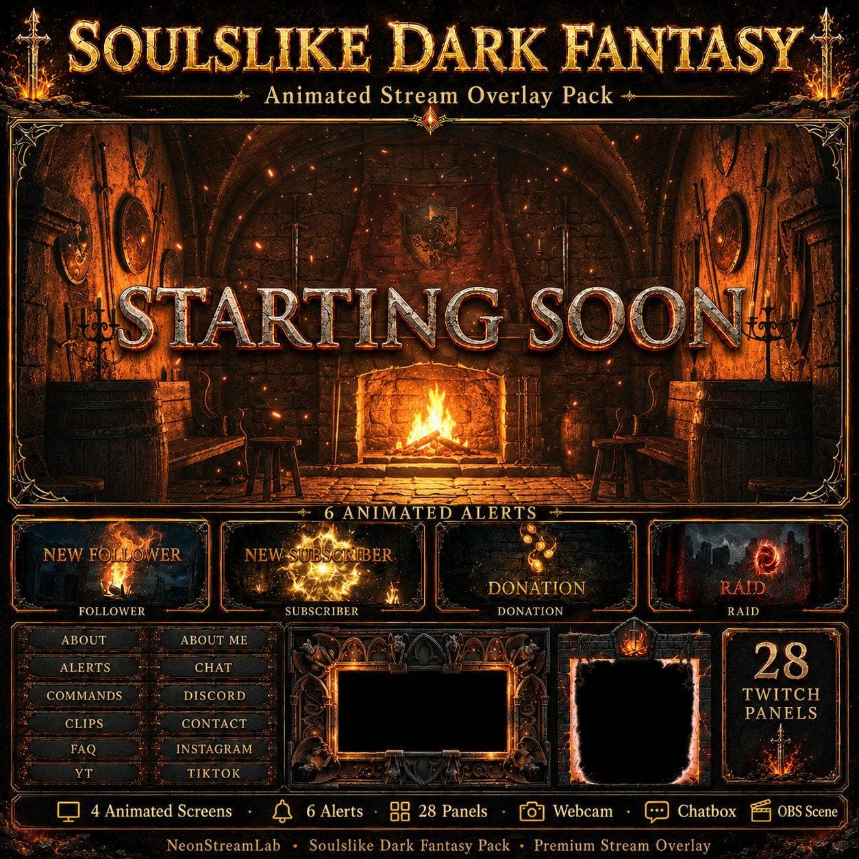 Dark Souls Elden Ring Soulslike Stream Overlay Pack | Bloodborne Dark Fantasy Animated Twitch YouTube Kick Screens Alerts Panels Webcam