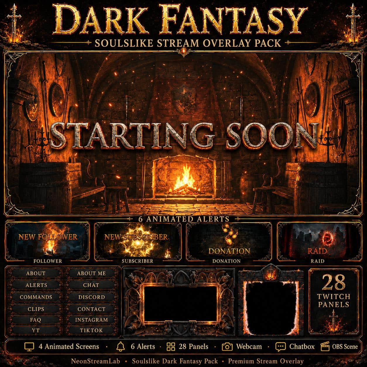 Dark Fantasy Stream Overlay Pack | Soulslike Animated Twitch Screens Alerts Panels Webcam