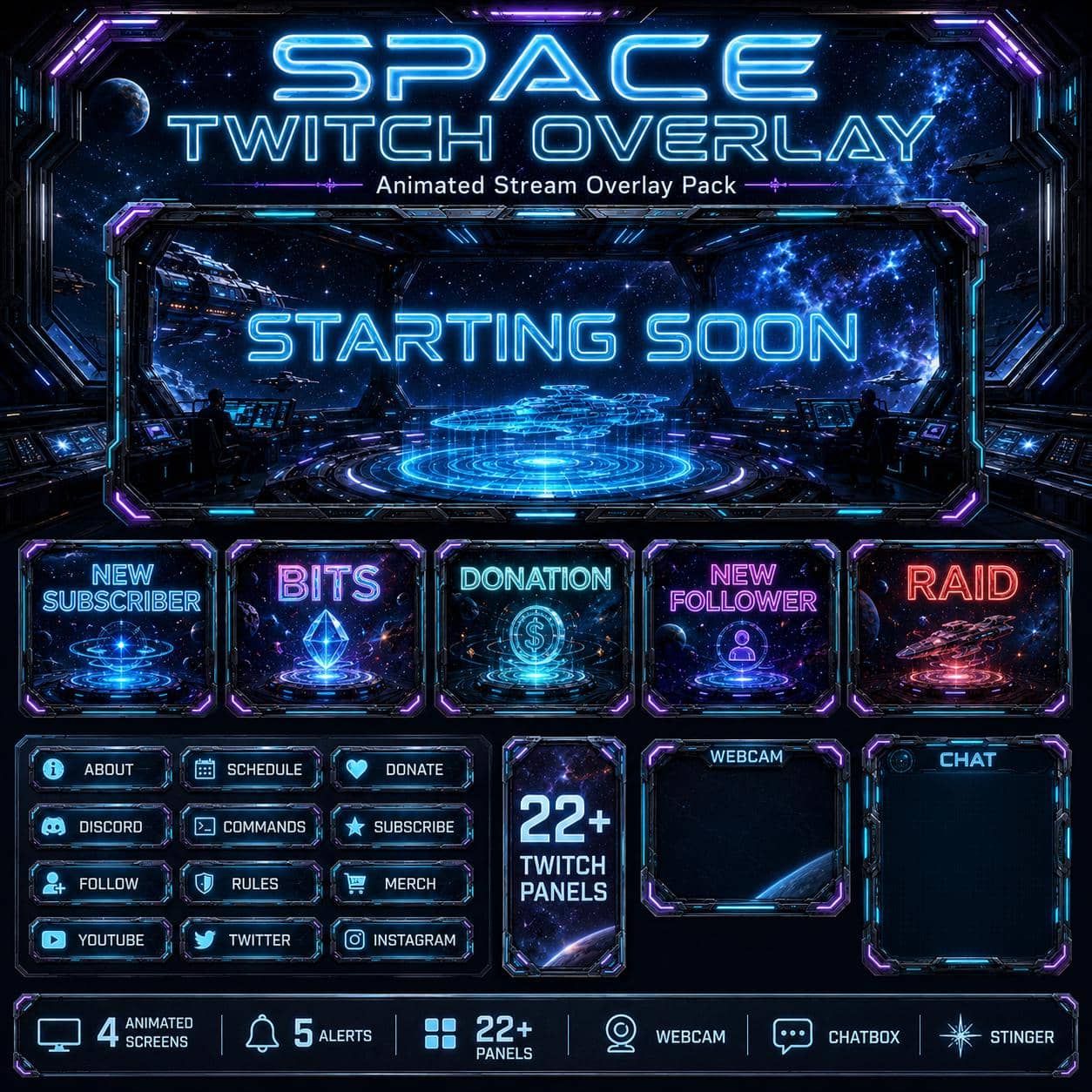 Space Twitch Overlay Pack | Animated Sci-Fi Station Stream Screens Alerts Webcam Panels