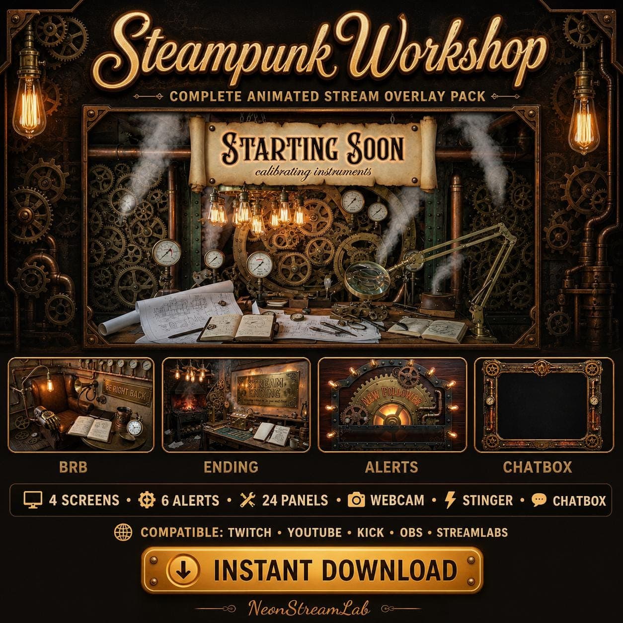 Steampunk Twitch Overlay Pack | Animated Vintage Industrial YouTube Kick OBS Screens Alerts Panels Webcam