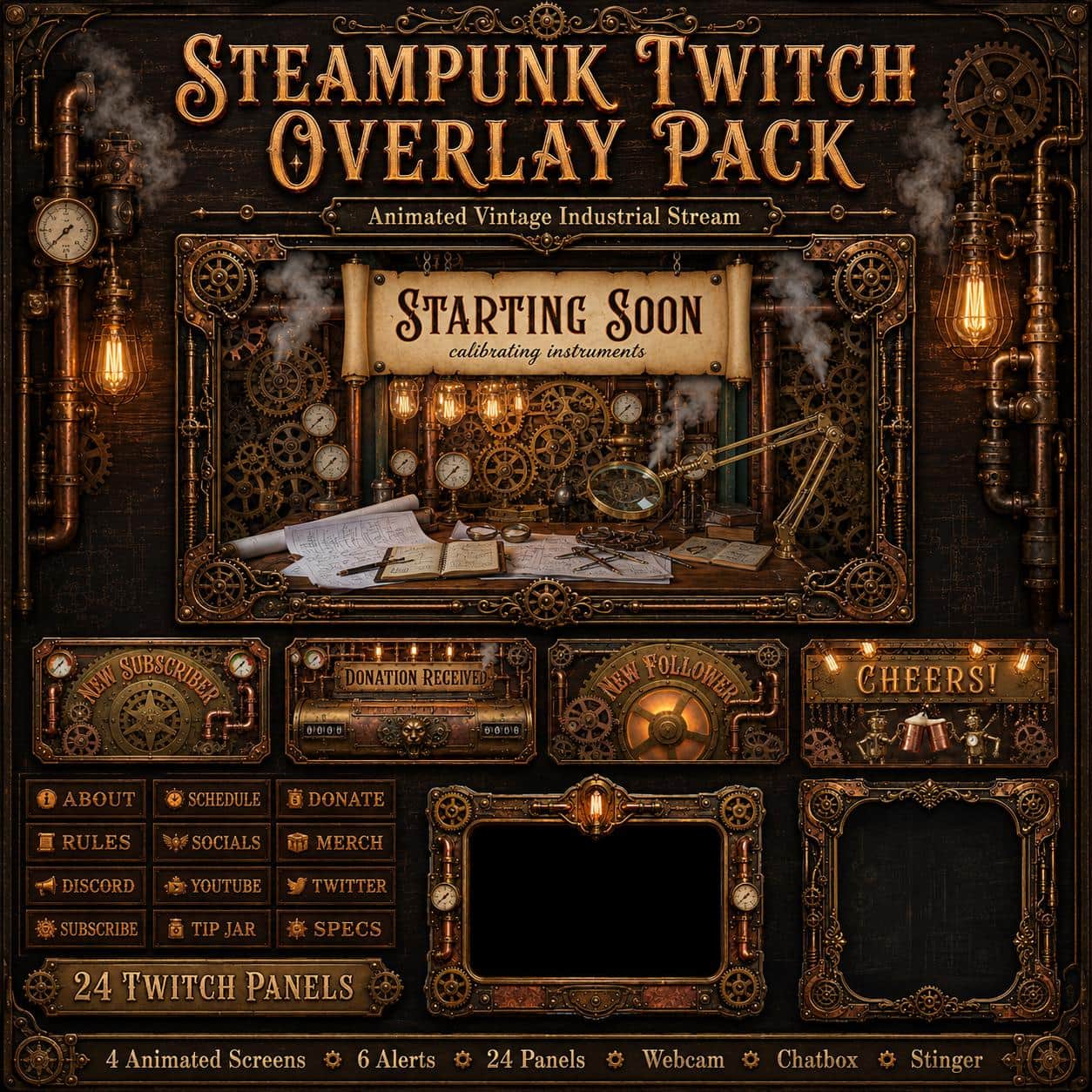 Steampunk Twitch Overlay Pack | Animated Vintage Industrial Stream Screens Alerts Panels Webcam