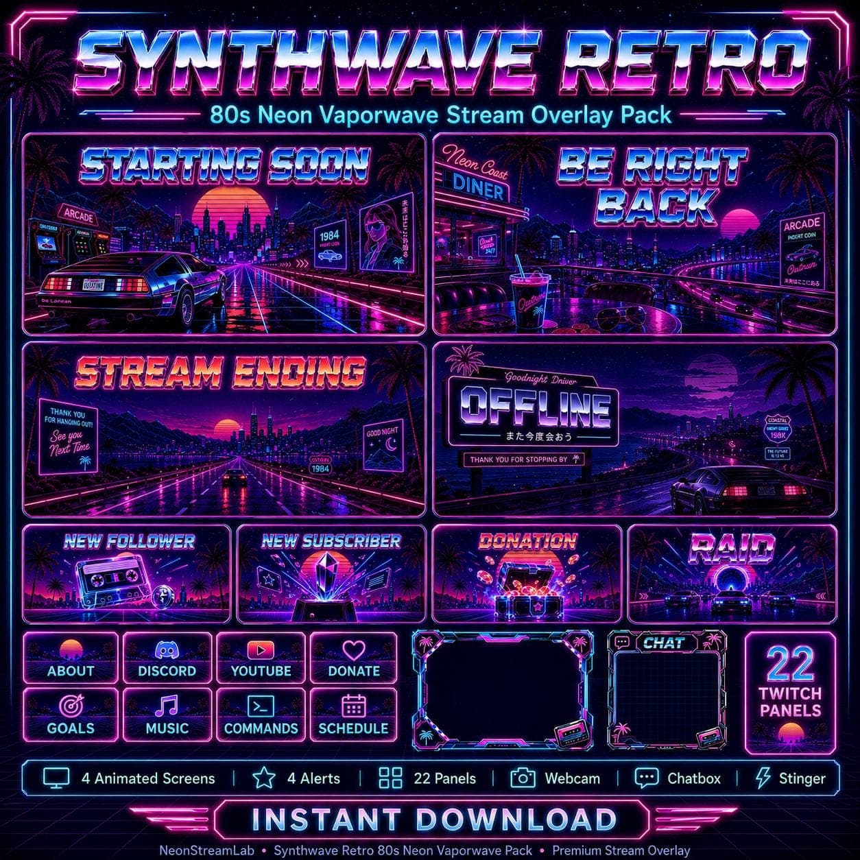 Synthwave Retro Stream Overlay Pack | Animated 80s Neon Vaporwave Twitch YouTube Kick Screens Alerts