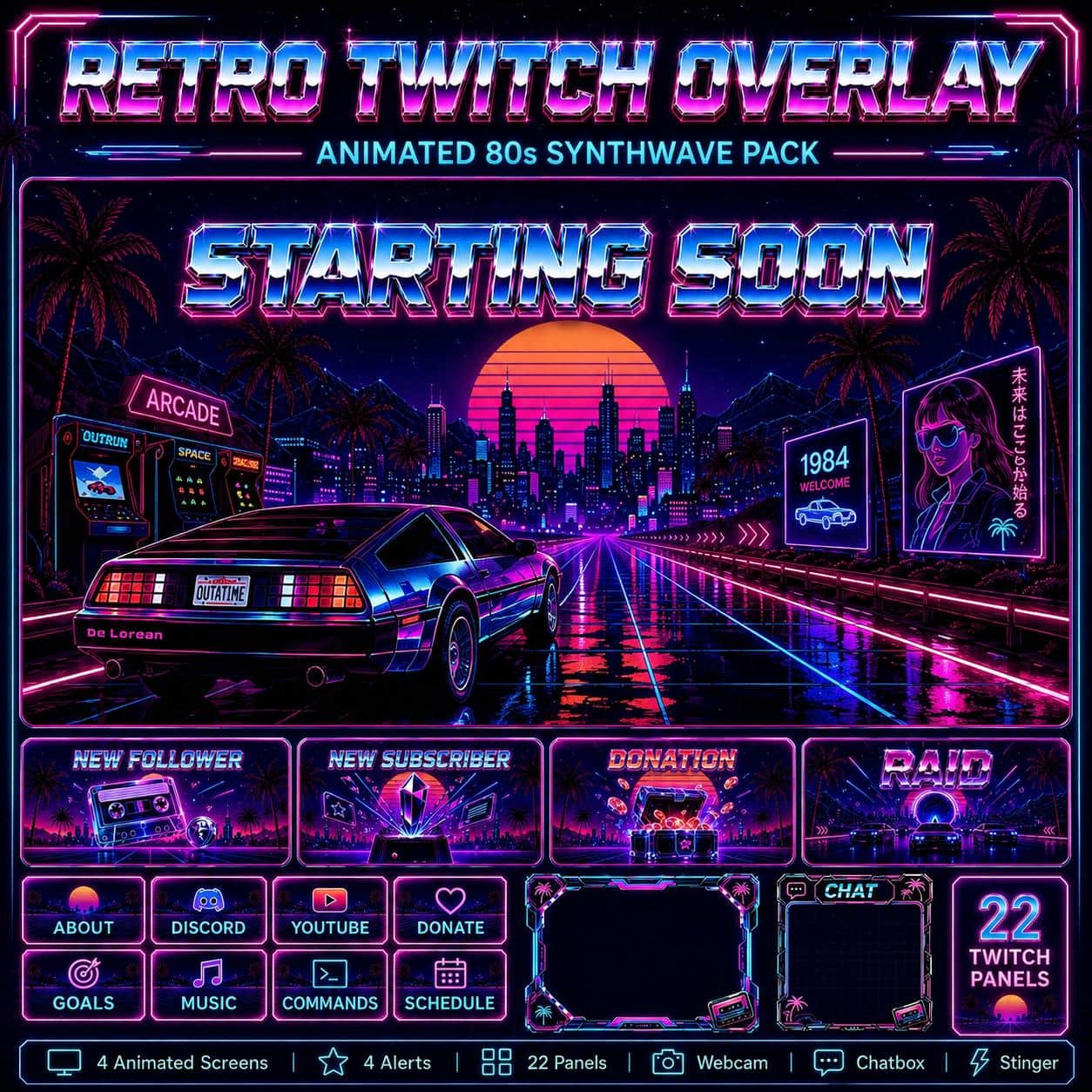 Retro Twitch Overlay Pack | Animated 80s Synthwave Vaporwave Screens Alerts Webcam