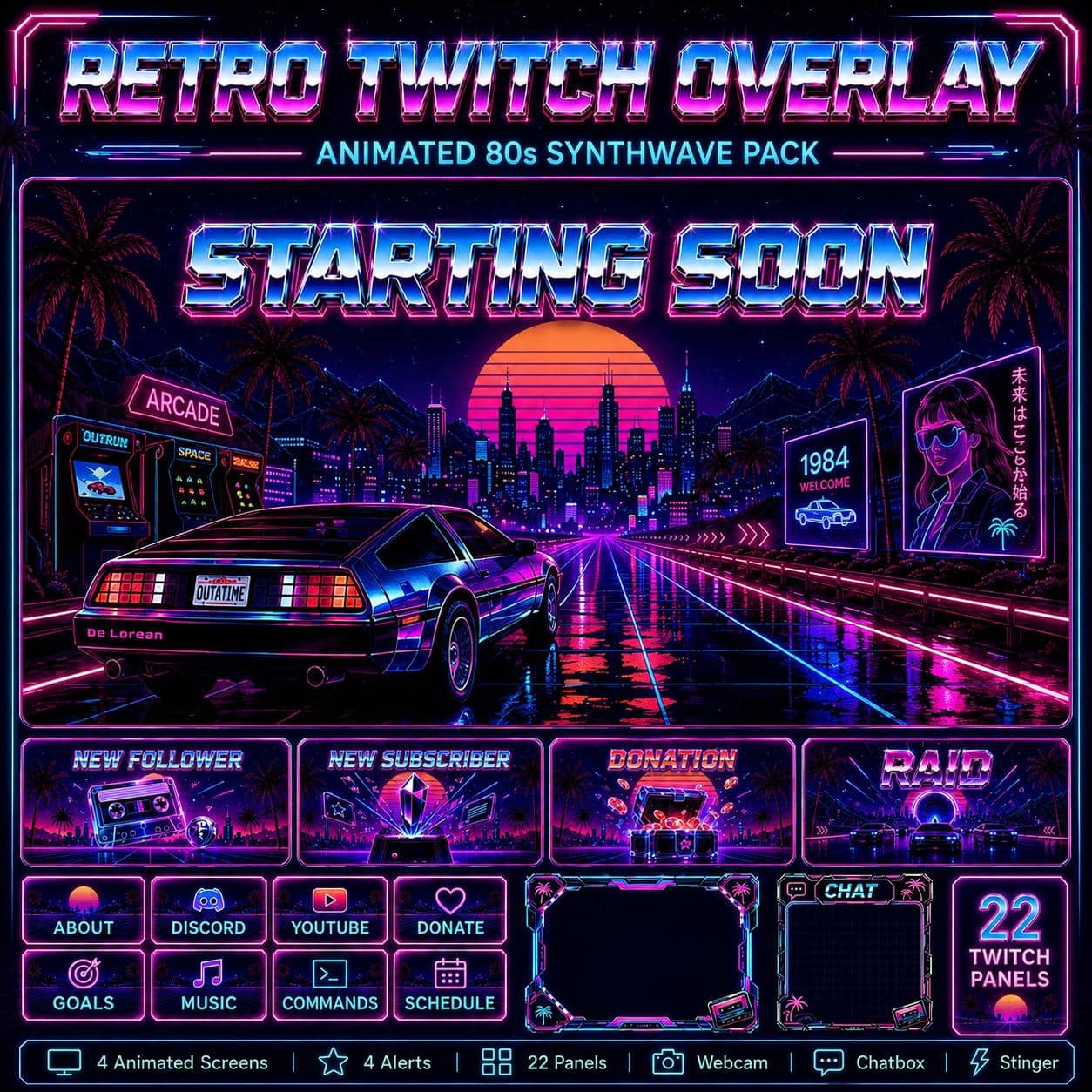 Retro Twitch Overlay Pack | Animated 80s Synthwave Vaporwave Screens Alerts Webcam