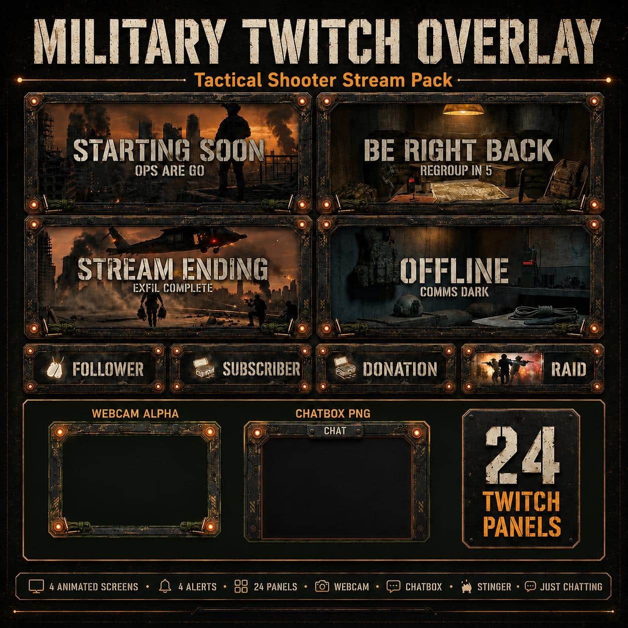 Twitch Overlay Military Pack | Tactical Shooter Stream Screens Alerts Panels Webcam for Youtube kick