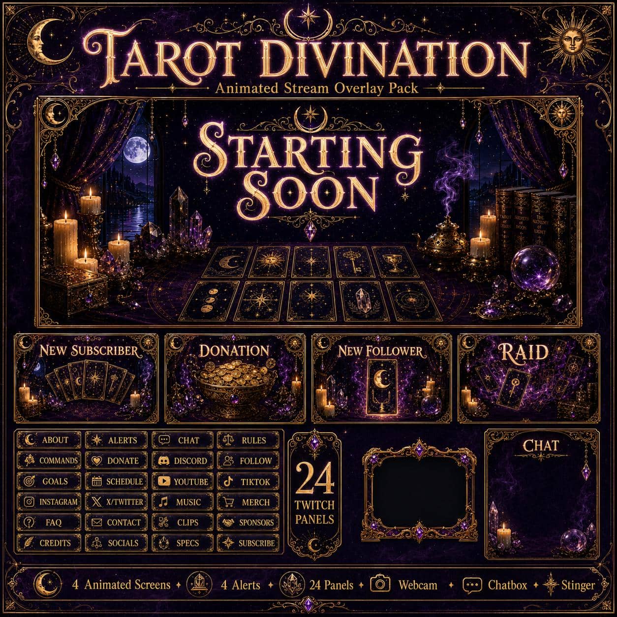 Tarot Twitch Overlay Pack | Mystical Card Reading Animated Stream Screens Alerts Panels