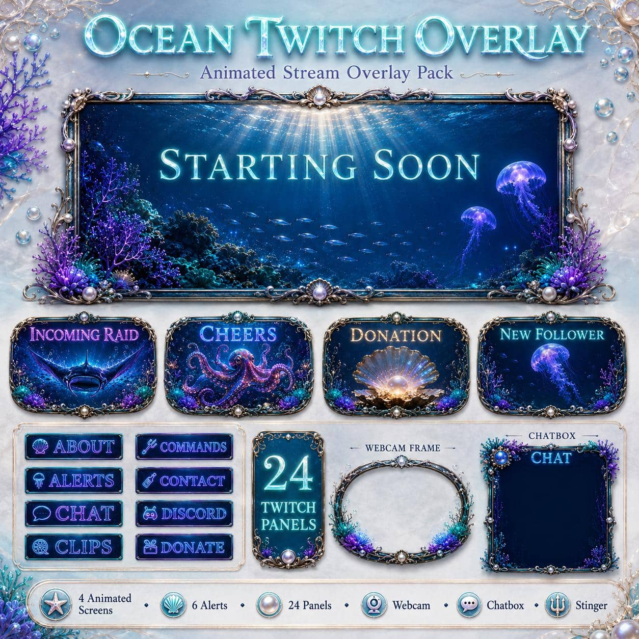 Ocean Twitch Overlay Pack | Animated Underwater Deep Sea Screens Alerts Webcam Panels