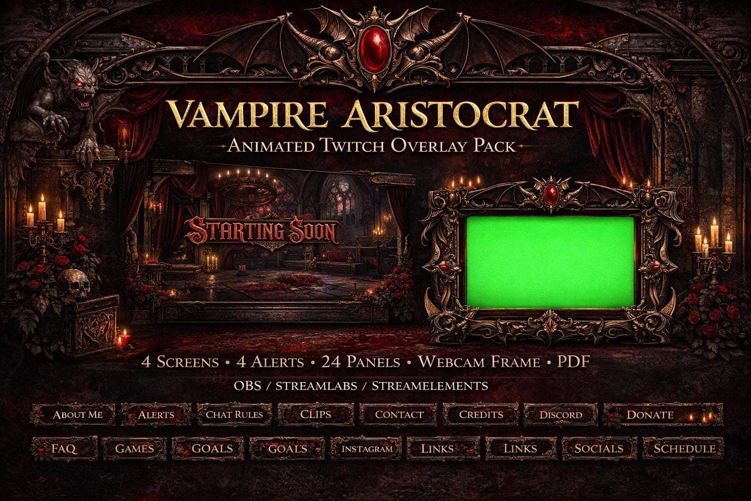 Vampire Aristocrat Stream Overlay Pack | Animated Gothic Castle Twitch YouTube Kick Screens Alerts Panels