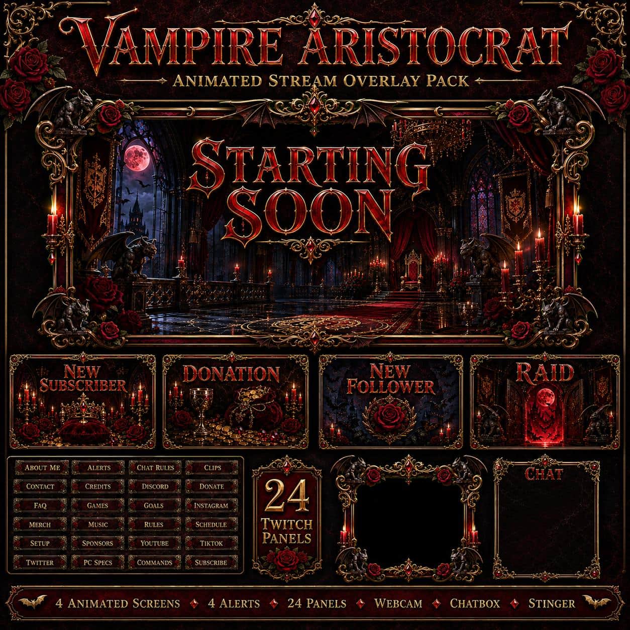 Vampire Twitch Overlay Pack | Aristocrat Gothic Castle Horror Stream Screens Alerts Panels