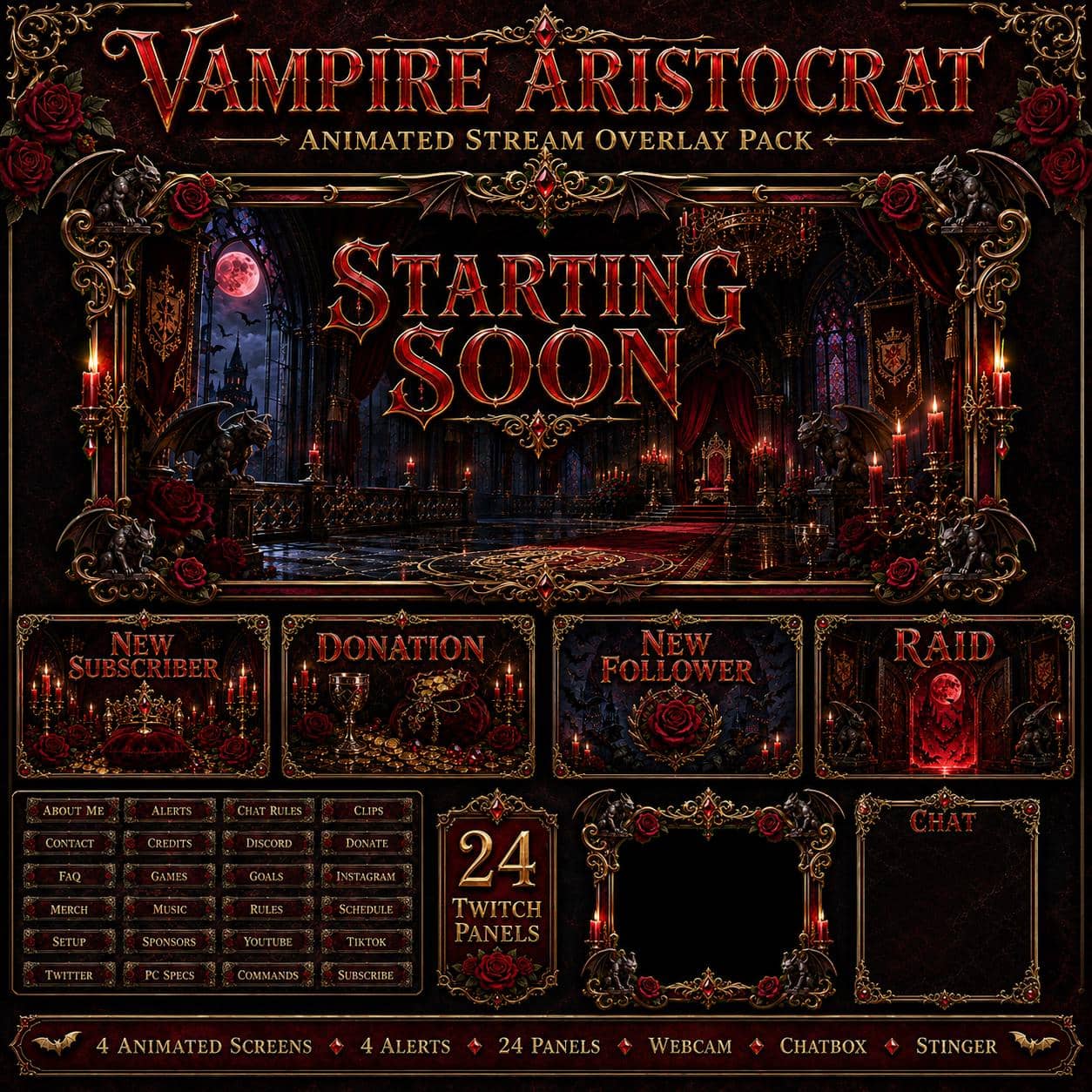 Vampire Twitch Overlay Pack | Aristocrat Gothic Castle Horror Stream Screens Alerts Panels