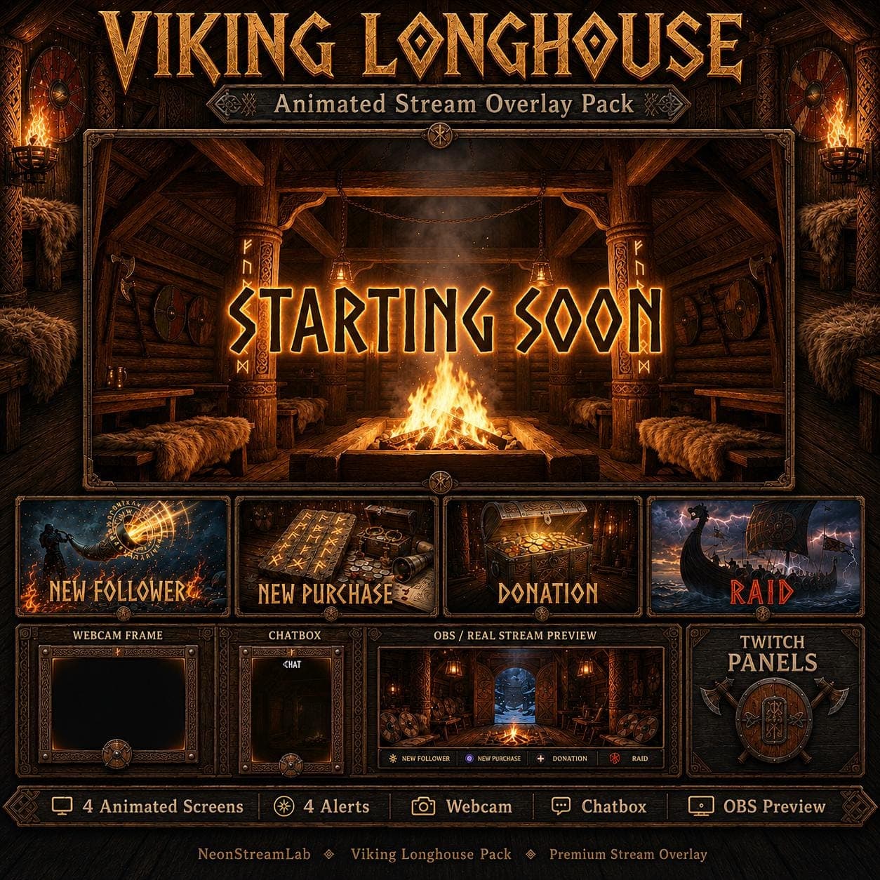 God of War Ragnarök Viking Longhouse Stream Overlay Pack | Nordic Norse Animated Twitch YouTube Kick Alerts Panels Webcam Frame