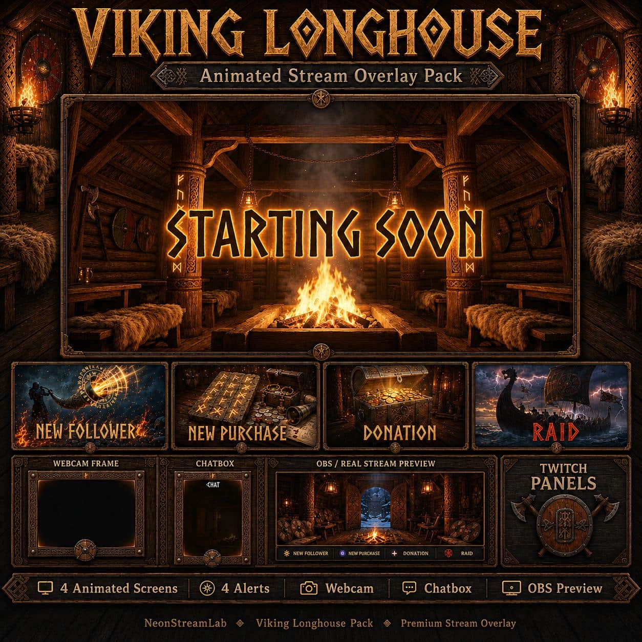 Viking Twitch Overlay Pack | Animated Nordic Stream Longhouse Screens Alerts Panels Webcam OBS