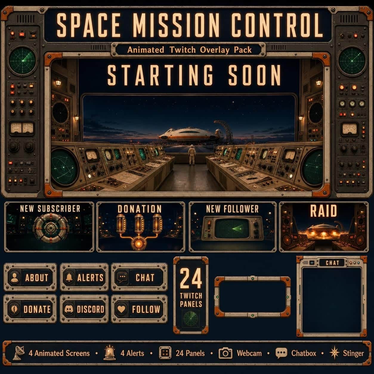 Vintage Astronaut Mission Control Animated Twitch Overlay Pack