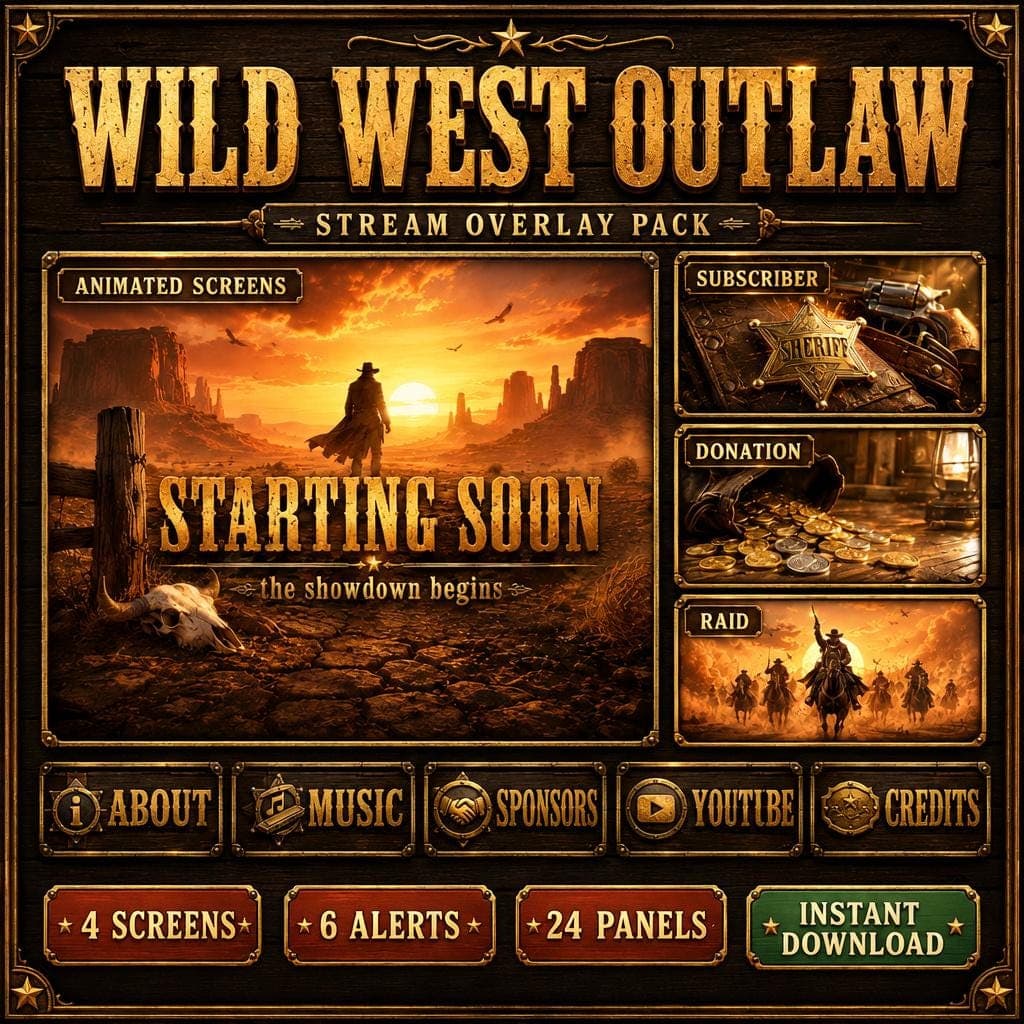 Western Cowboy Twitch Stream Overlay Pack | Animated Wild West Outlaw Screens Alerts Panels