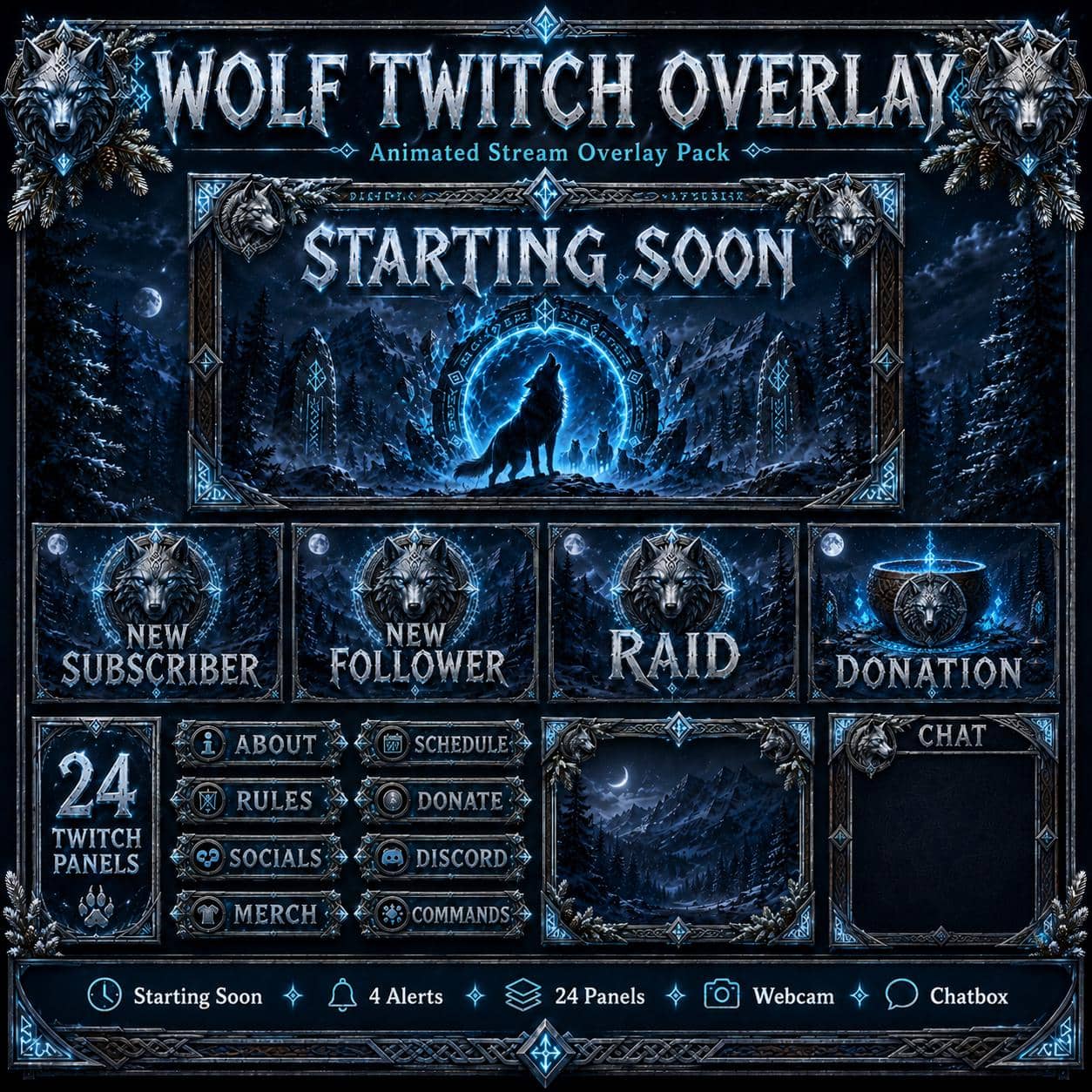 Wolf Twitch Overlay Pack | Dark Nordic Forest Stream Screens Alerts Panels Youtube Kick