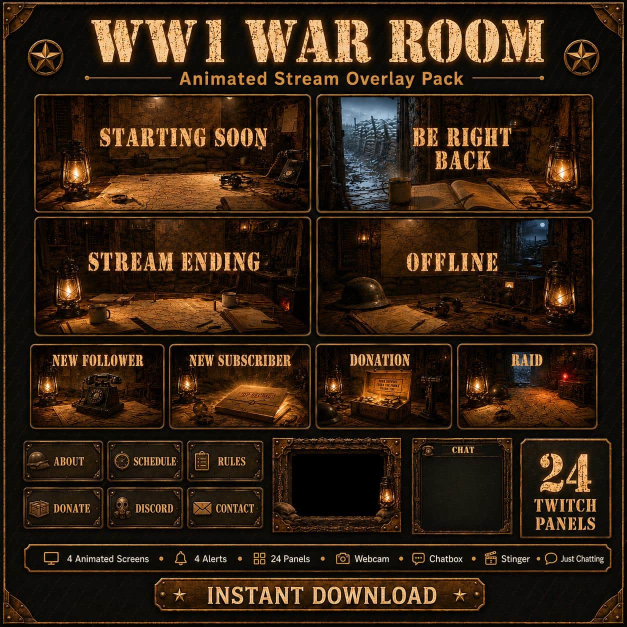 Vintage Military Twitch Overlay Pack | Animated WW1 War Room Screens Alerts Panels