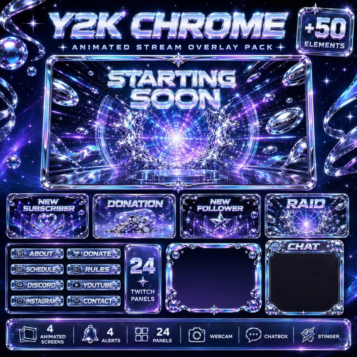 Y2K Twitch Overlay Pack | Chrome Holographic Retro Stream Screens Alerts Panels